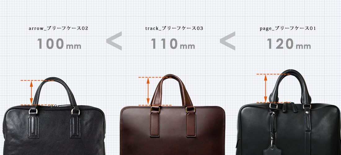 Alt81ブリーフケース３型比較／ハンドルの高さ