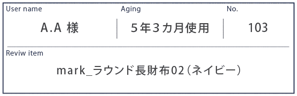 Alt81ご愛用者様レビュー A.A 様 mark_ラウンド長財布02_ネイビー 約５年３カ月使用