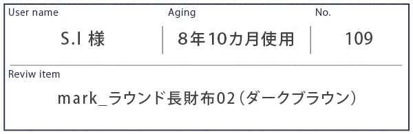 Alt81ご愛用者様レビュー S.I 様 mark_ラウンド長財布02_ダークブラウン 約８年１０カ月使用
