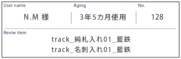Alt81ご愛用者様レビュー  N.M 様 track_純札入れ01_藍鉄、track_名刺入れ01_藍鉄 3年5カ月使用
