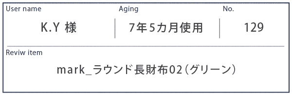 Alt81ご愛用者様レビュー  K.Y 様 mark_ラウンド長財布02_グリーン 7年5カ月使用