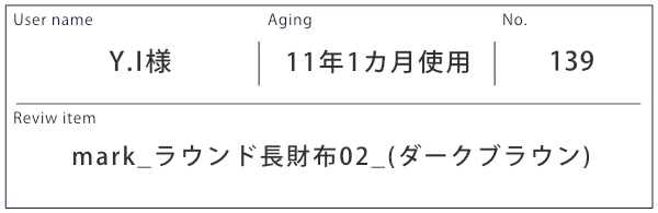 Alt81ご愛用者様レビュー  Y.I 様 mark_ラウンド長財布02_ダークブラウン １１年１カ月使用