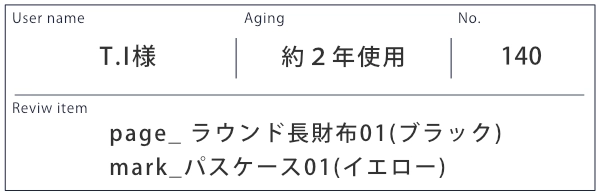 Alt81ご愛用者様レビュー  T.I 様 page_ラウンド長財布01_ブラック、mark_パスケース2_イエロー　約２年使用