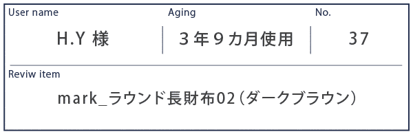 Alt81ご愛用者様レビュー H.Y様 mark_ラウンド長財布02_ダークブラウン 約３年９カ月使用