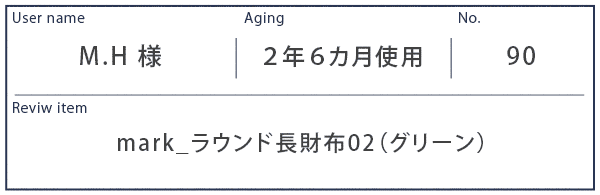 Alt81ご愛用者様レビュー M.H様 mark_ラウンド長財布02_グリーン 約２年使用
